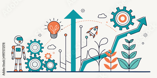 Illustration of growth and development with gears, plants, and upward arrows