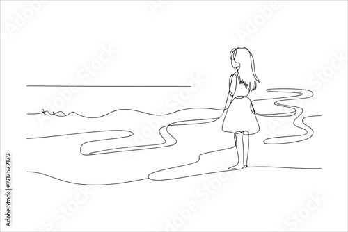 Woman Walking on Beach, Minimal Continuous Line Art. Continuous line drawing of beautiful woman standing on the beach wearing bikini. Vector illustration