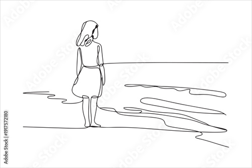 Woman Walking on Beach, Minimal Continuous Line Art. Continuous line drawing of beautiful woman standing on the beach wearing bikini. Vector illustration