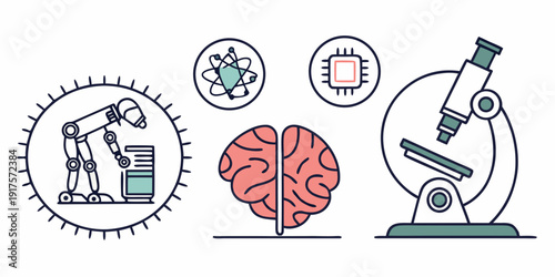 Illustration of technology, nature, and science concepts with icons