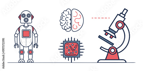Illustration of robot, brain, and microscope representing technology and science.