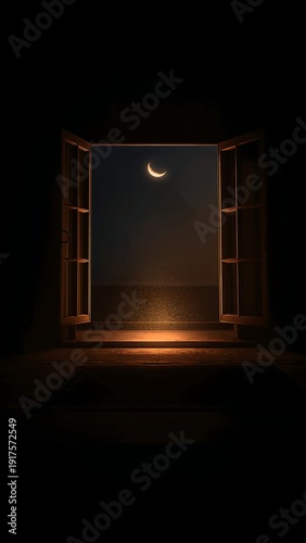 A mystical night scene unfolds through an open window, revealing a crescent moon glowing in the dark sky above a tranquil, luminous horizon, inviting a moment of peaceful contemplation and wonder