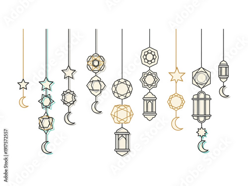 Islamic hanging decoration ornaments with crescent moon and stars for ramadan and eid celebrations