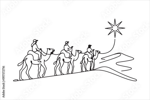 Continuous one line drawing of three wise men riding camels in desert vector. Wise Men Following the Star, Continuous Line Art