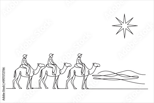 Continuous one line drawing of three wise men riding camels in desert vector. Wise Men Following the Star, Continuous Line Art