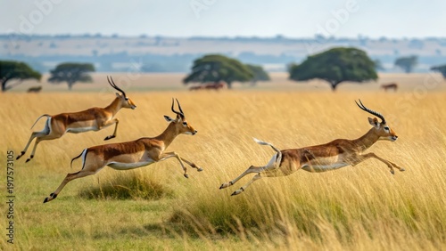Graceful antelopes in motion leaping across a sunlit savanna grassland field with trees in the background during daytime