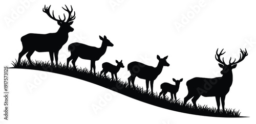 Black Silhouette Set of Deer Family on Grassy Hill Including Buck Doe and Fawn for Wildlife Protection Nature Education and Wilderness Vector