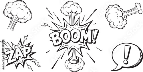 Colorful Comic Book Speech Bubbles with Dynamic Text and Explosive Designs.Comic Book Sound Effect BOOM Explosive Action Burst
