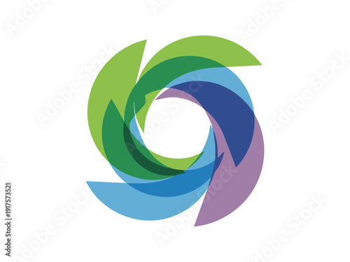Dynamic spiral vortex composed of transparent overlapping curved shapes in shades of green blue and purple