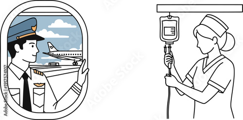 Airline pilot observing commercial airplane through cabin window view