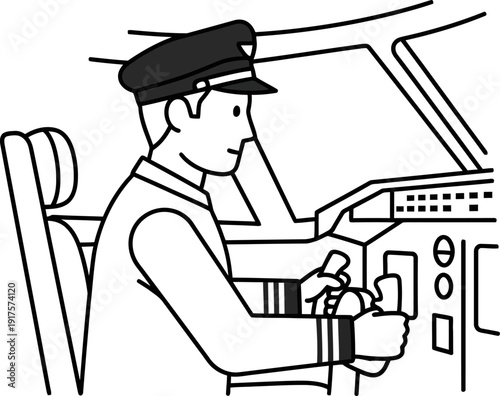 Airplane pilot in cockpit controlling aircraft line drawing