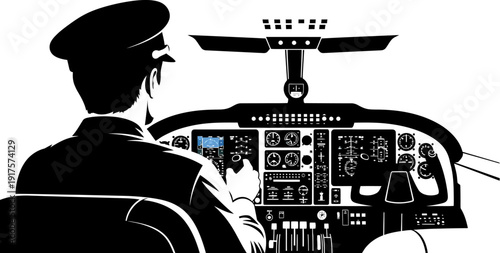 Airplane pilot silhouette operating controls in a flight deck cockpit