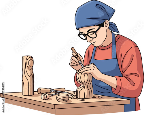 Artisan carving a wooden sculpture at a workbench