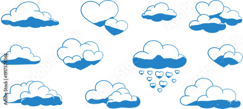 Collection of cartoonish blue and white cloud illustrations in various shapes and sizes