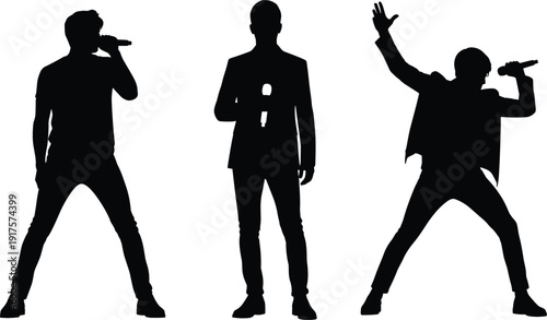 Male Singer Silhouette Set Performing With Microphone Concert Performance Music Vector Illustration Collection