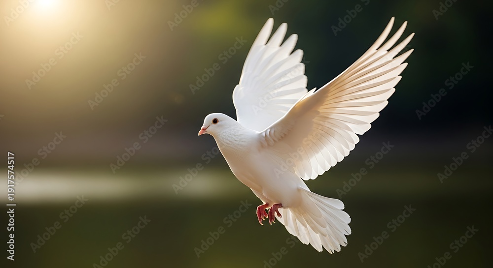 Fototapeta premium A white dove in graceful flight, bathed in golden sunlight, soft background