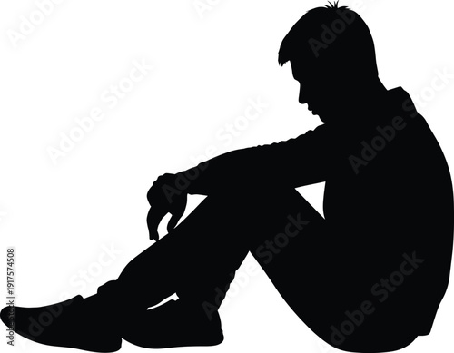 Depressed man sitting alone silhouette isolated on white background, sad person feeling lonely, mental health concept, grief and sorrow illustration