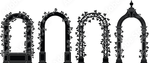 Set of black garden arch silhouettes with climbing ivy plants, classical architectural entrance frames, wedding floral arbor vector isolated on white