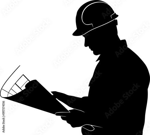Construction engineer inspecting blueprints wearing a safety hard hat silhouette