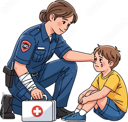 Compassionate ems female officer comforting crying boy