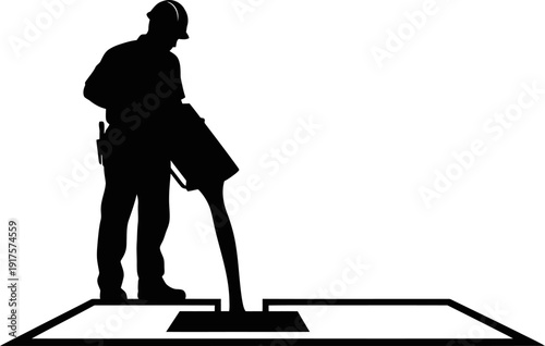 Construction worker pouring concrete into foundation silhouette