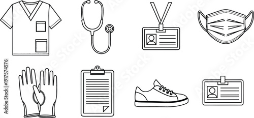 Medical Healthcare Line Icon Set Featuring Scrubs Stethoscope Mask Gloves And Identification Badge Vector Illustration Collection