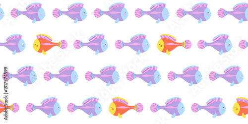 Seamless ocean pattern with colorful fish swimming in one direction and one unique fish moving against the current. Concept of individuality and courage. Playful vector design for textile, wallpaper