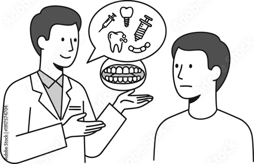 Dentist explaining a dental procedure to a patient using visual icons