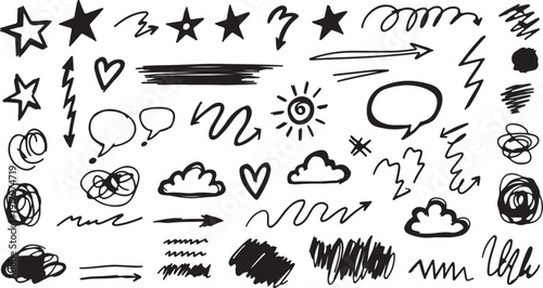 Geometric doodle seamless pattern with different brush strokes. Hand drawn contemporary geometric background. Chaotic ink brush scribbles decorative texture.