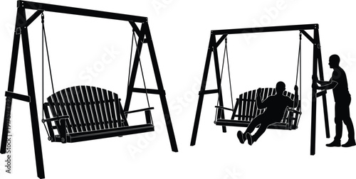 Wooden garden swing silhouette set featuring empty outdoor porch bench and man sitting on swinging chair for backyard leisure and relaxation