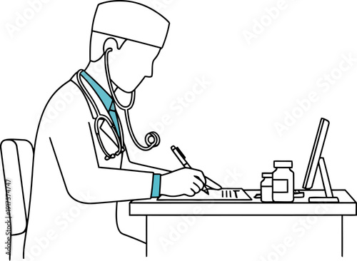 Doctor writing prescription at office desk line illustration