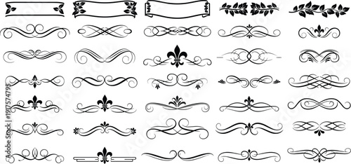 Vintage ornamental dividers set with floral filigree calligraphic flourishes swirls banners and decorative borders for elegant wedding invitations and luxury stationery