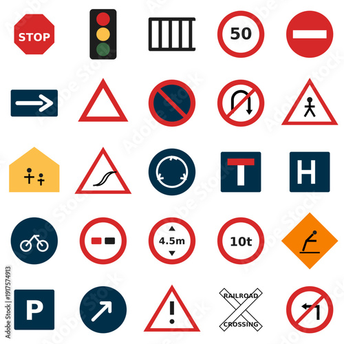 Road Safety and Traffic Regulation Signs Flat Icon Pack