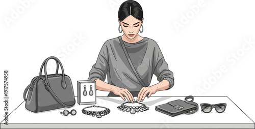 Fashion stylist arranging luxury handbags and jewelry on display table