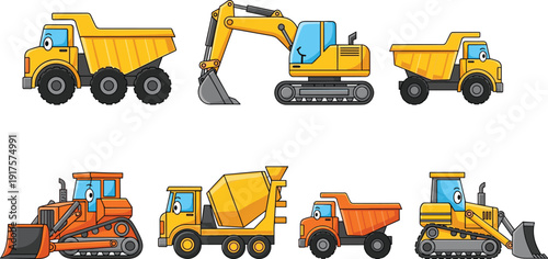 Cartoon Construction Vehicles Set Featuring Cute Dump Truck Excavator Bulldozer and Cement Mixer with Eyes for Kids Education and Industrial Design