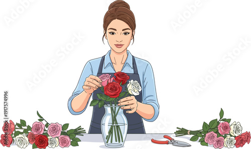 Female florist arranging a bouquet of red and pink roses in a vase