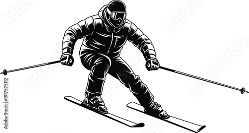 Downhill Skier Vector Illustration Featuring Professional Athlete in Winter Gear Skiing on Mountain Slope for Extreme Sports and Alpine Vacation