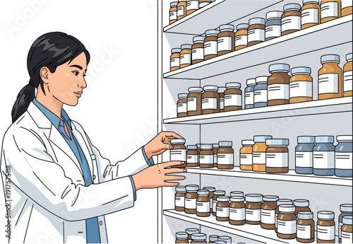 Female pharmacist organizing medicine bottles on pharmacy shelves