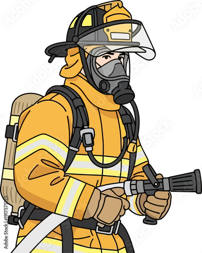 Firefighter in full protective yellow gear holding a water hose nozzle