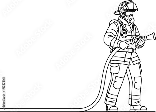 Firefighter in full protective gear with hose line art