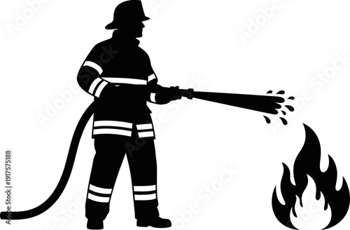 Firefighter silhouette extinguishing flames with high pressure water hose