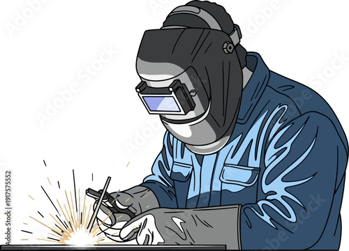 Industrial welder in protective gear working with sparks