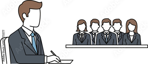Job interview panel with candidate writing notes during corporate recruitment process