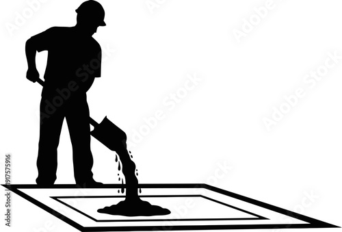Manual worker pouring liquid material into floor frame