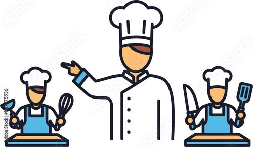 Master chef instructing culinary students in a cooking class illustration