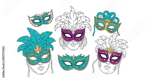 Colorful carnival masks with intricate feather designs in hand-drawn style