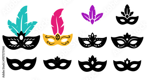 Elegant carnival masks with feathers and decorative elements