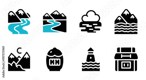 Minimalist nature icons featuring mountains, rivers, and seaside imagery