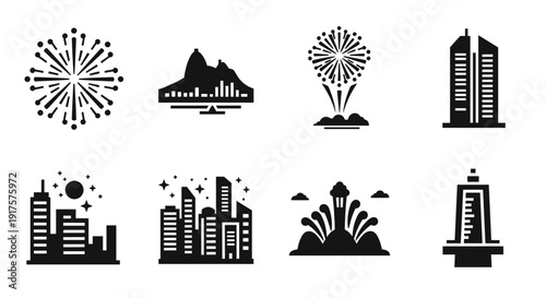 Modern black and white cityscape and fireworks icon set