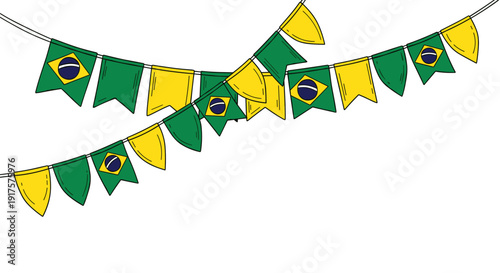 Colorful brazilian festive bunting with national flags on white background